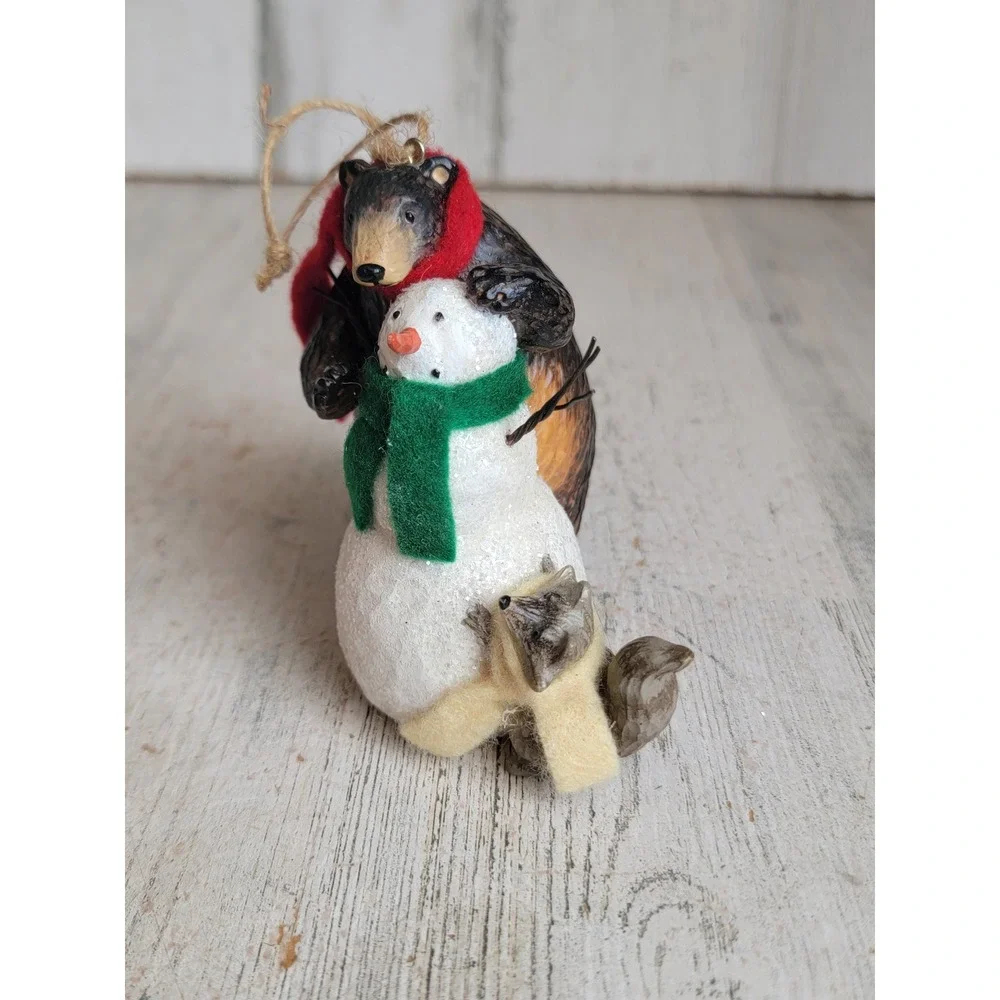 Rustic folk art Forest Friends snowman bear raccoon ornament Xmas unique